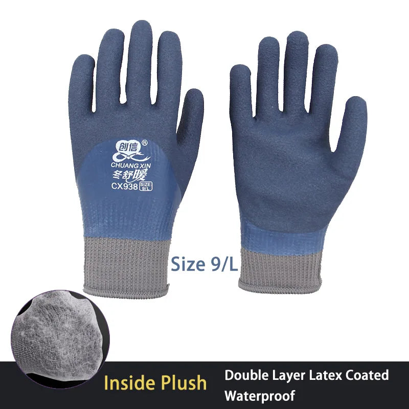 A pair of blue thermal work gloves with a gray cuff and a plush inside lining.