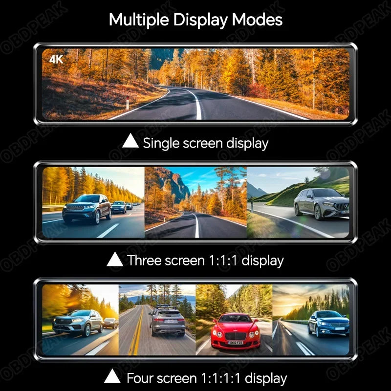 Demonstration of multiple display modes for a 4-channel 4K dash cam featuring single, three, and four screen layouts.