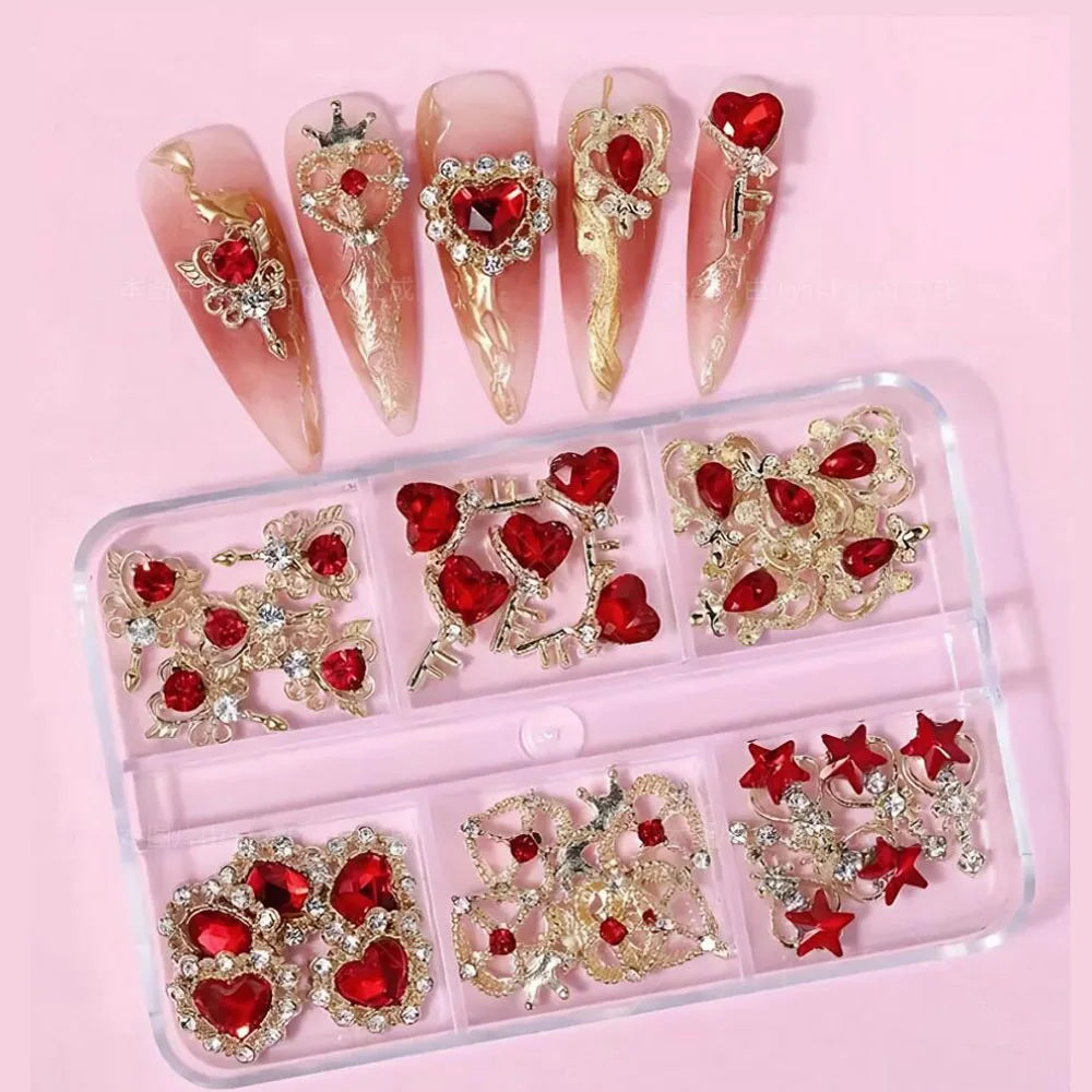 3D Red Heart Nail Art Charms with Gold Base (30-Piece Set)