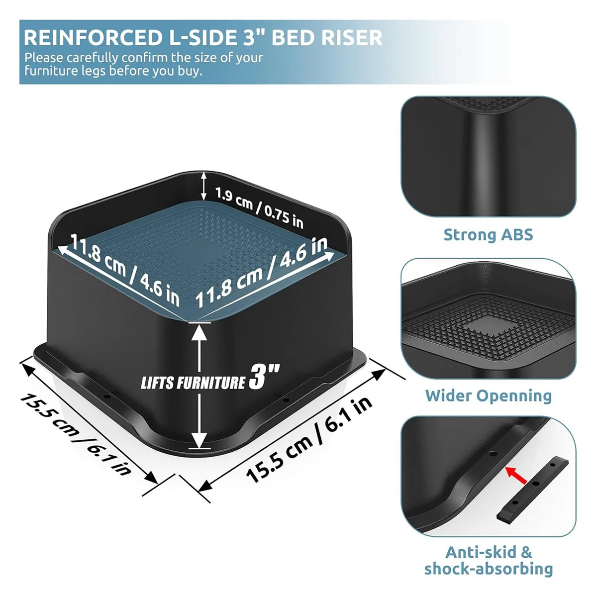 Heavy Duty 3-Inch Bed Risers (Set of 4) for Furniture with Wide 4.8x4.8 Inch Base