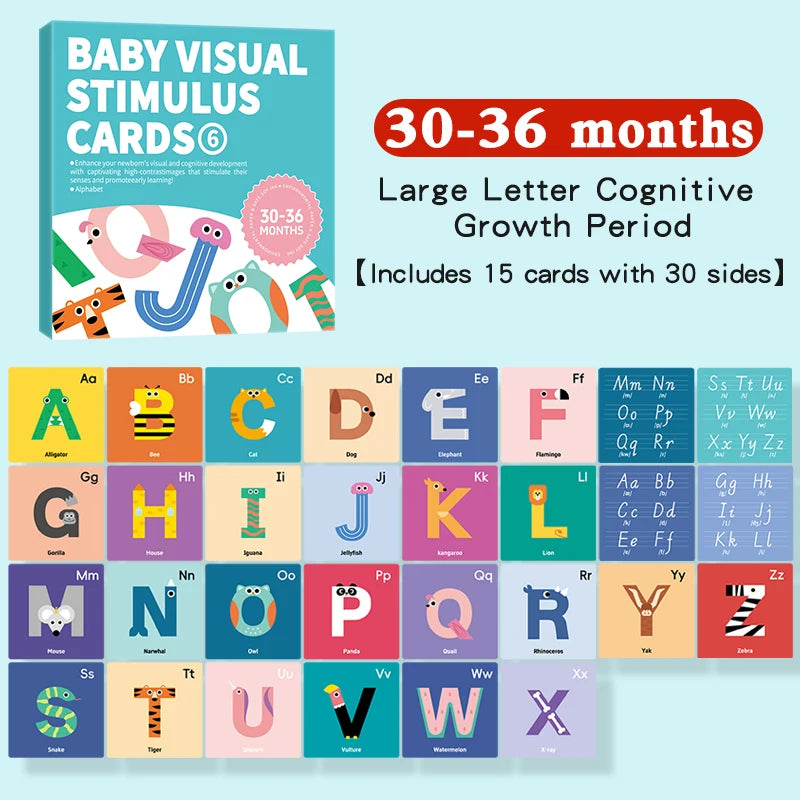 A set of 15 large letter cognitive growth period cards for baby visual stimulation