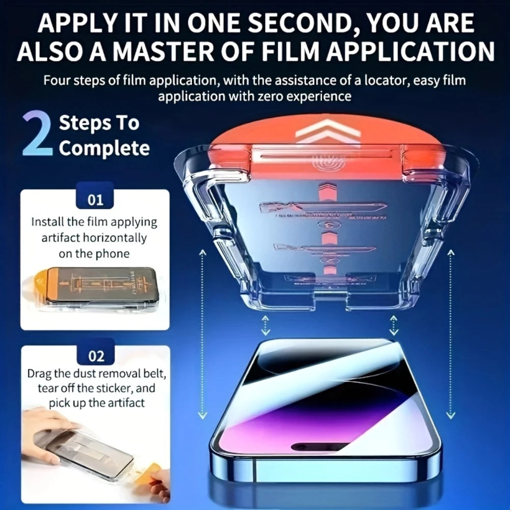 A guide showing two steps to apply a film application on a phone, including installing the artifact and removing the dust bel