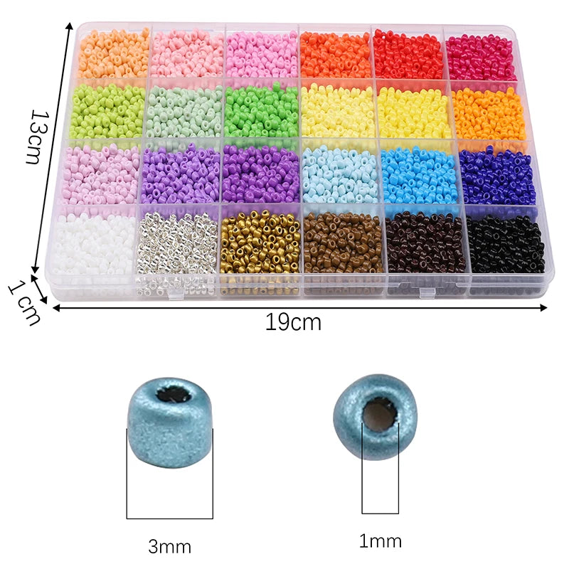 A rectangular storage box filled with various colors of 3mm acrylic rice beads, showing different sizes and shades.