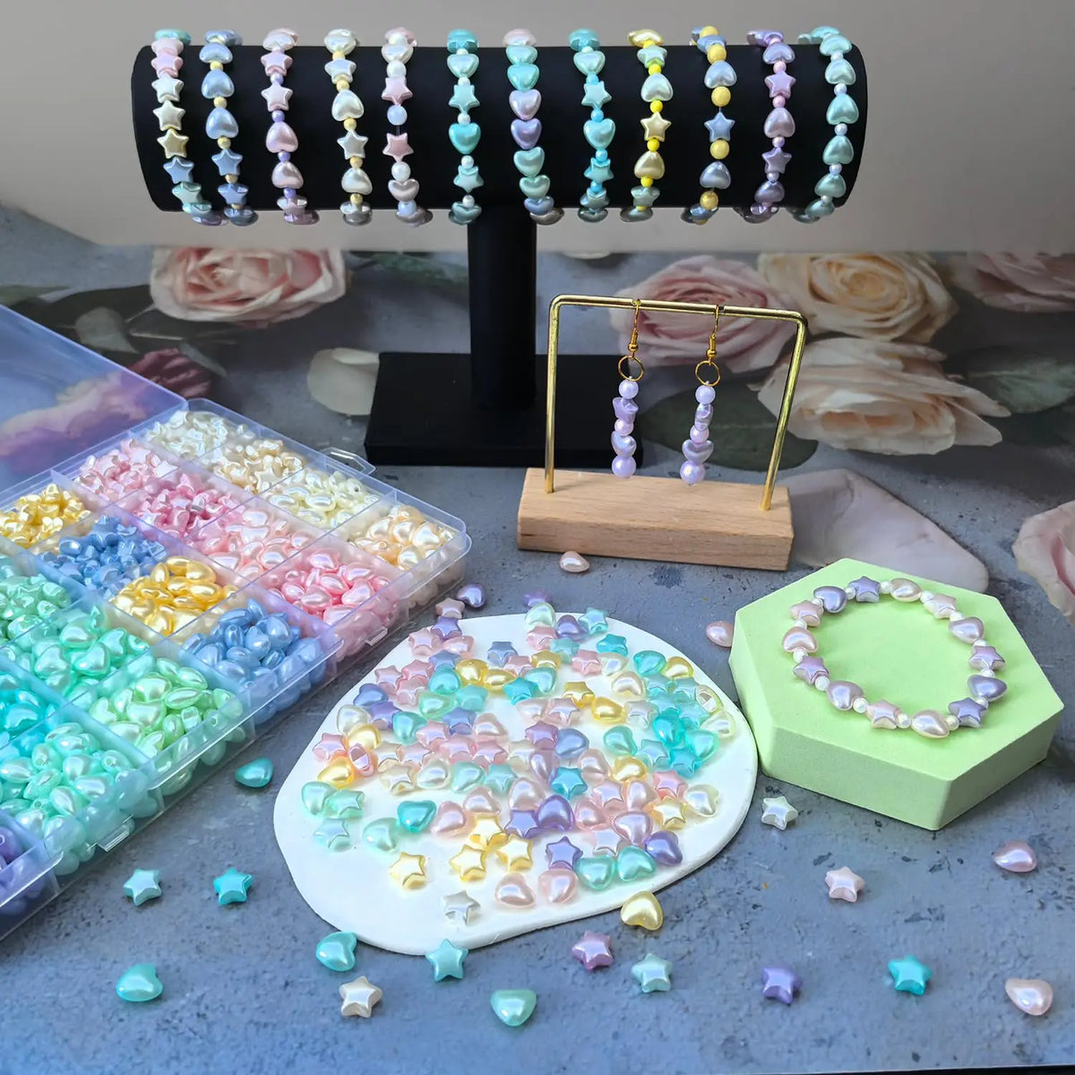 Acrylic Star & Heart Beads Set with Golden Foil Finish