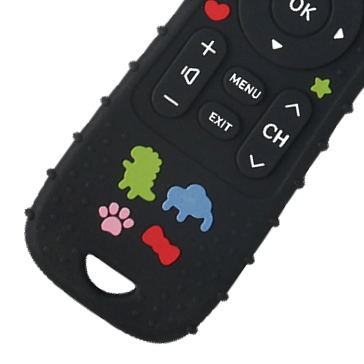 A close-up view of a black silicone baby teether toy shaped like a TV remote, featuring various buttons and icons.
