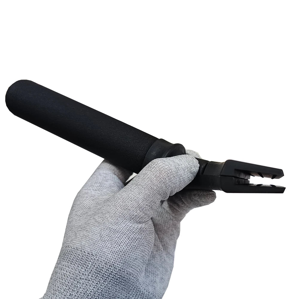 A hand is holding a black rubber squeegee with an anti-slip nylon handle.
