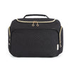 Black large capacity waterproof travel toiletry bag with a handle and gold hardware