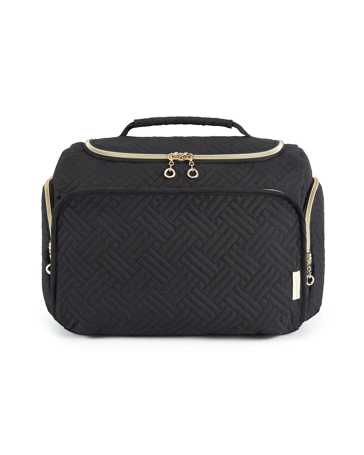 Black large capacity waterproof travel toiletry bag with a handle and gold hardware