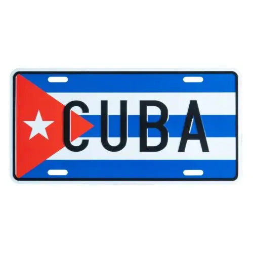 A metal license plate featuring the flag of Cuba with blue and white stripes and a red triangle, displaying the word CUBA.