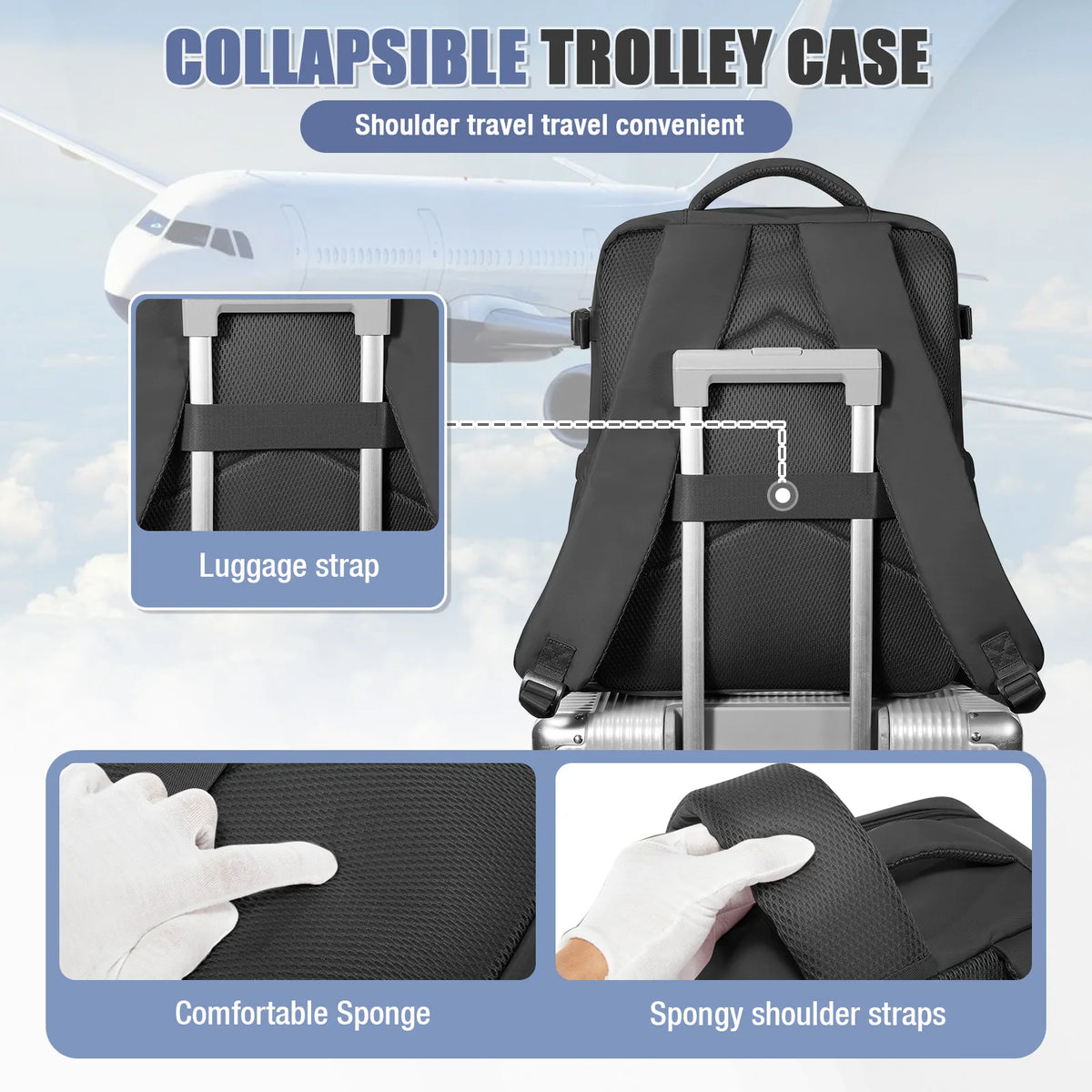 Black collapsible trolley case backpack showing features like luggage straps and comfortable sponge shoulder straps