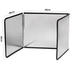 Foldable stainless steel splatter guard for stovetop shown open with dimensions marked.