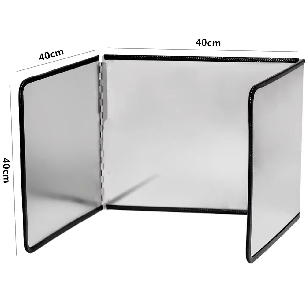 Foldable stainless steel splatter guard for stovetop shown open with dimensions marked.