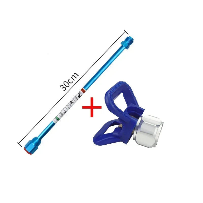Blue airless paint sprayer extension rod with a clamp and nozzle, shown next to a measurement marker.