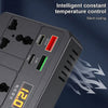 A close-up view of a black power inverter device showing temperature indicators and a digital display.
