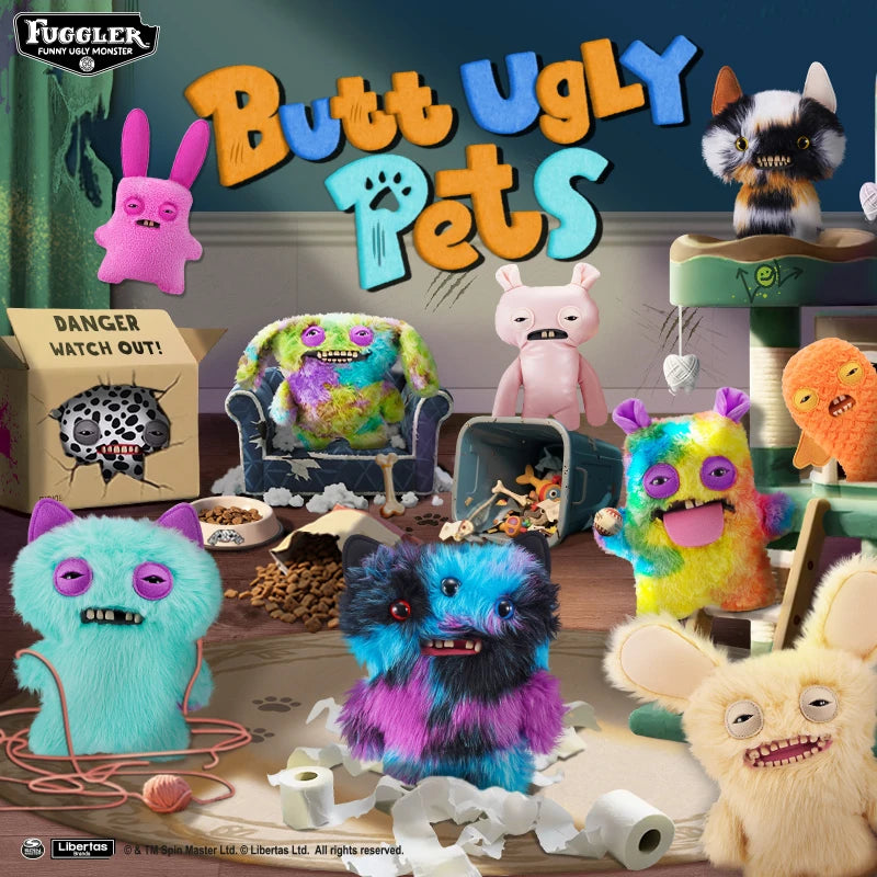 A collection of colorful ugly monster plush toys with funny teeth and various textures displayed on a surface.