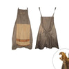 A gray chef apron with a tan pocket detail and tie closure.