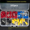 Cold-pressed terminal assembly kit with assorted male and female connectors in red, blue, and yellow colors