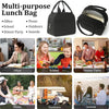 A multi-purpose black insulated lunch bag shown in various contexts including office, school, picnic, outdoors, dinner party,