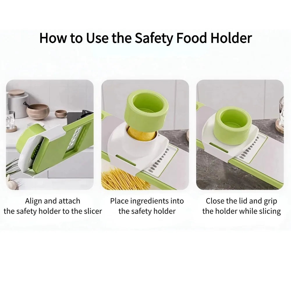 Instructions showing how to use a safety food holder with a slicer for cutting ingredients.