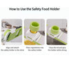 Instructions showing how to use a safety food holder with a slicer for cutting ingredients.