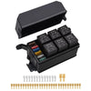 Black waterproof relay and fuse box with multiple blade holders and electrical connectors
