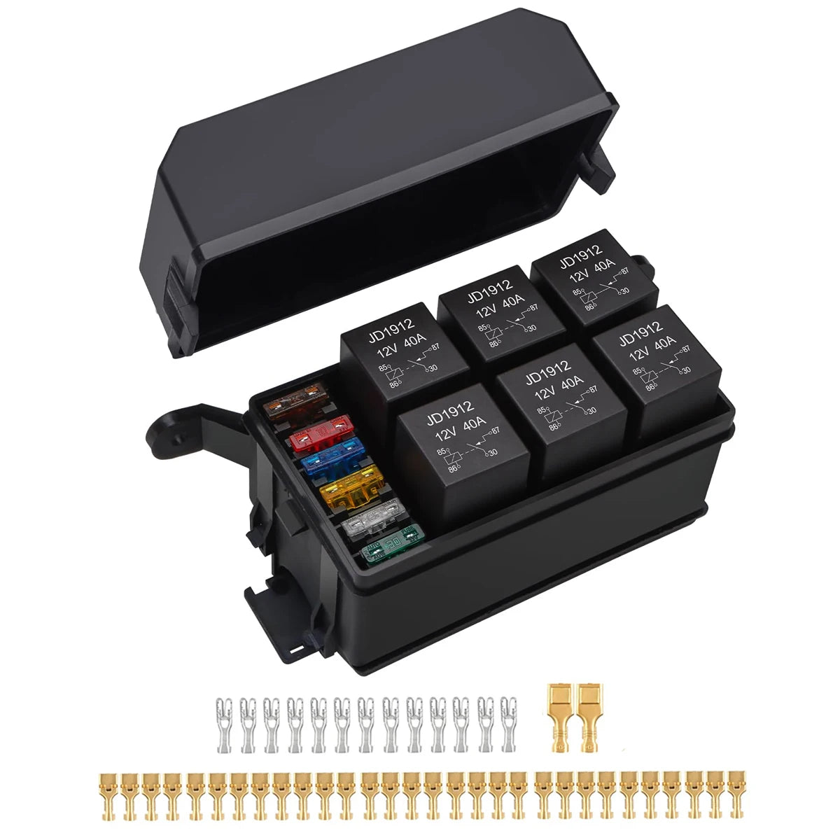 Black waterproof relay and fuse box with multiple blade holders and electrical connectors
