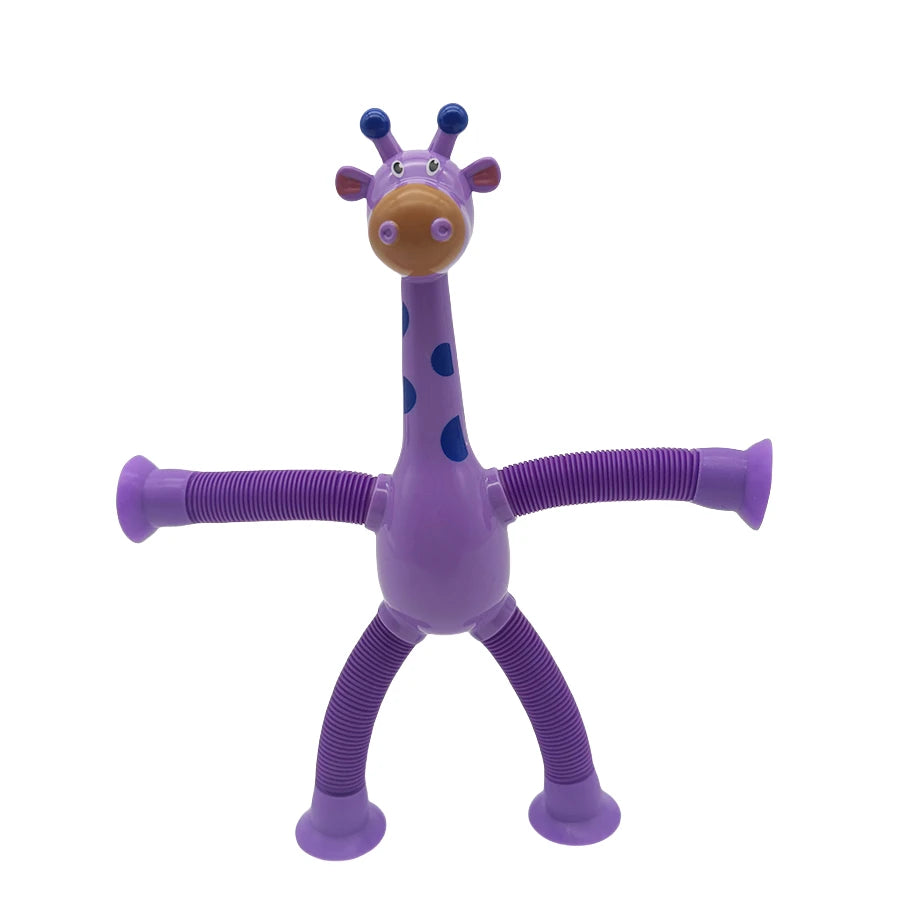 A purple suction cup giraffe pop tube toy with a light yellow face and purple body.
