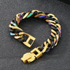 A chunky stainless steel Cuban chain bracelet featuring a black and gold finish with iridescent accents.