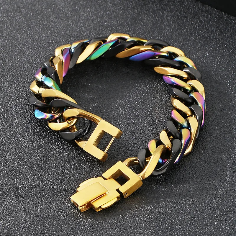A chunky stainless steel Cuban chain bracelet featuring a black and gold finish with iridescent accents.