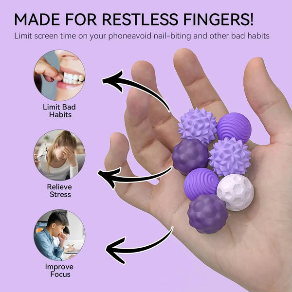 Hand holding purple and white magnetic silicone sensory balls designed for stress relief and focus.