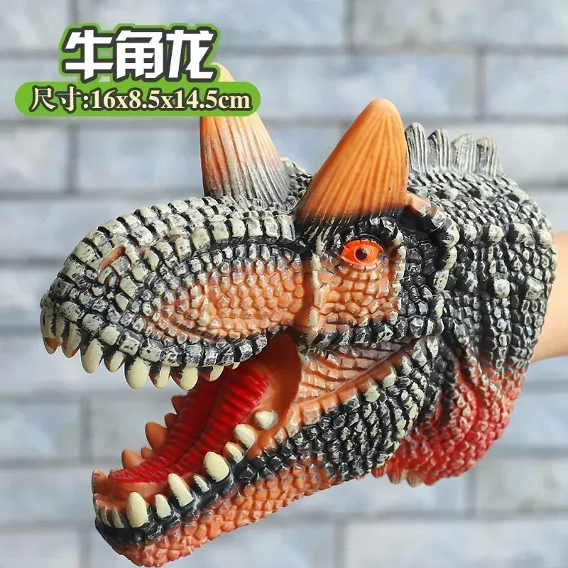 A realistic dinosaur hand puppet toy with textured scales and horns, shown in a close-up view.