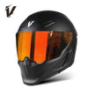 A black full-face motorcycle helmet with an orange tinted visor and ventilation features is shown.