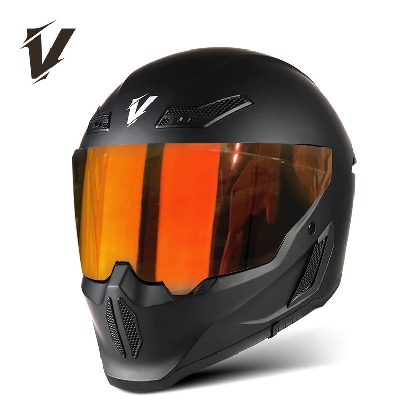 A black full-face motorcycle helmet with an orange tinted visor and ventilation features is shown.