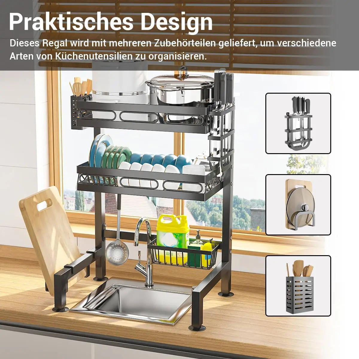 Black over-sink dish drying rack with multiple tiers for organizing kitchen utensils and dishes.
