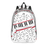 A white backpack featuring a musical theme with black and red accents and treble clef designs.