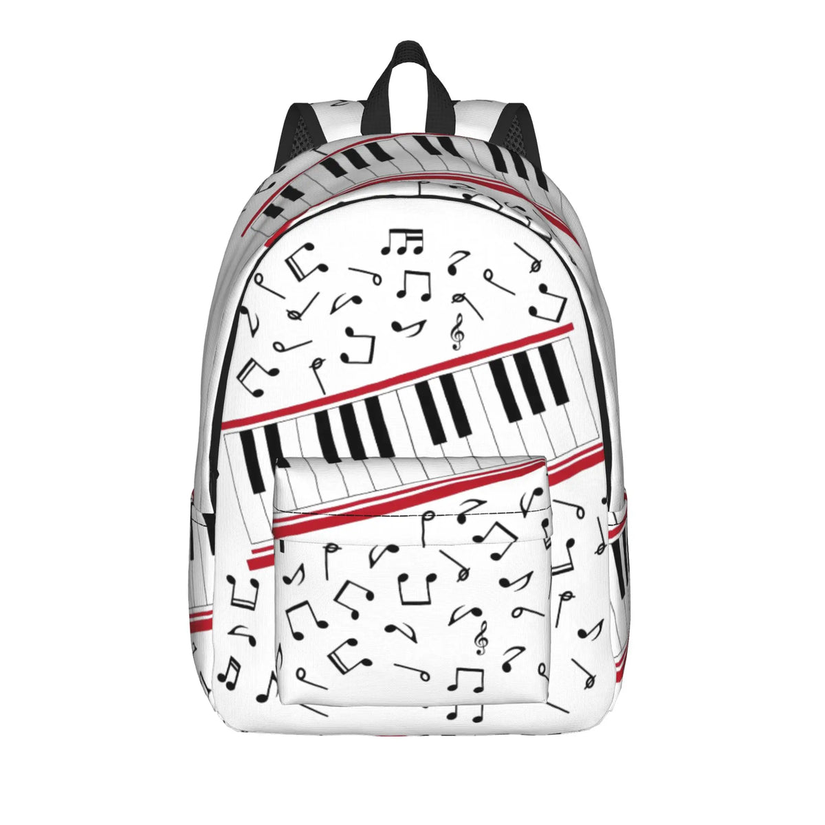 A white backpack featuring a musical theme with black and red accents and treble clef designs.