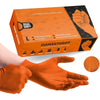 Box and orange nitrile gloves with diamond texture shown next to a hand