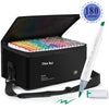 A set of dual-tip alcohol art markers with brush and chisel tips in various colors displayed in a black box.