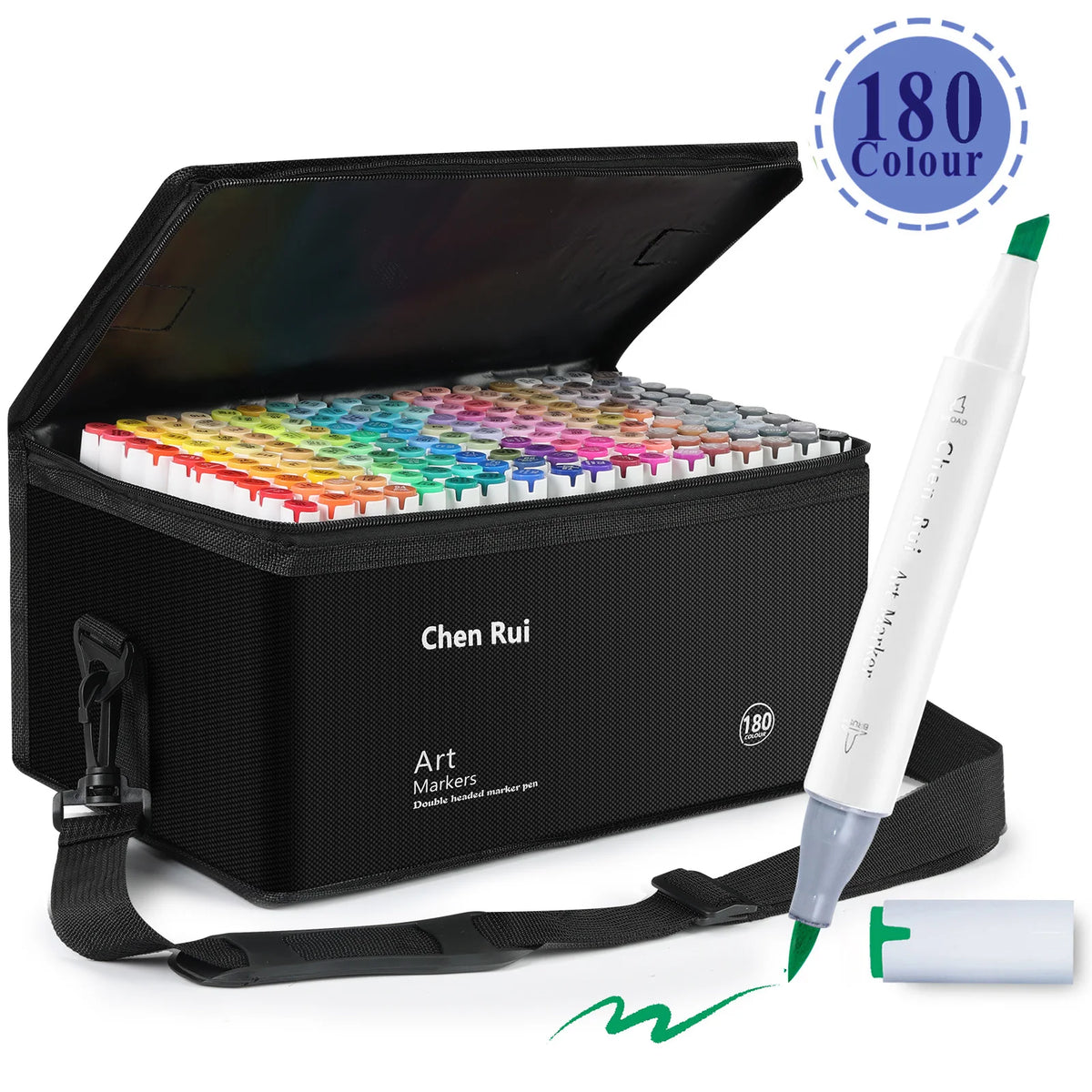 A set of dual-tip alcohol art markers with brush and chisel tips in various colors displayed in a black box.