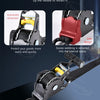 Close-up view of a black retractable ratchet tie-down strap with a yellow handle, demonstrating its easy retraction mechanism