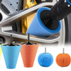 A set of three foam cones in blue, orange, and light blue for drill polishing automotive wheels and detailing.