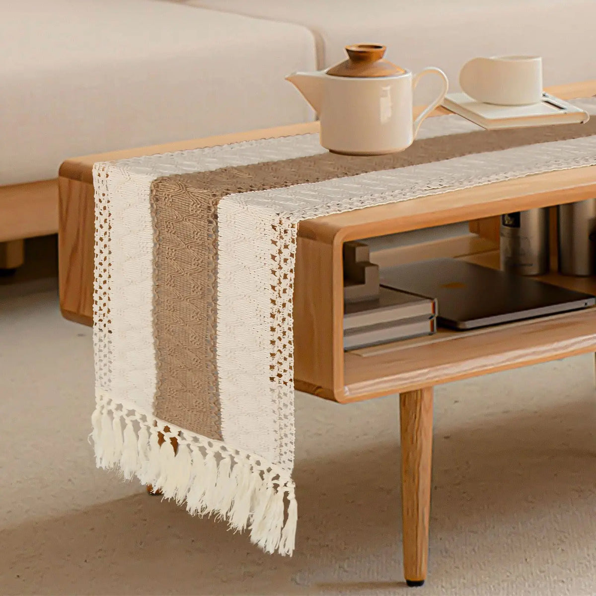 Boho Cotton Tassel Table Runner for Farmhouse & Wedding Decor