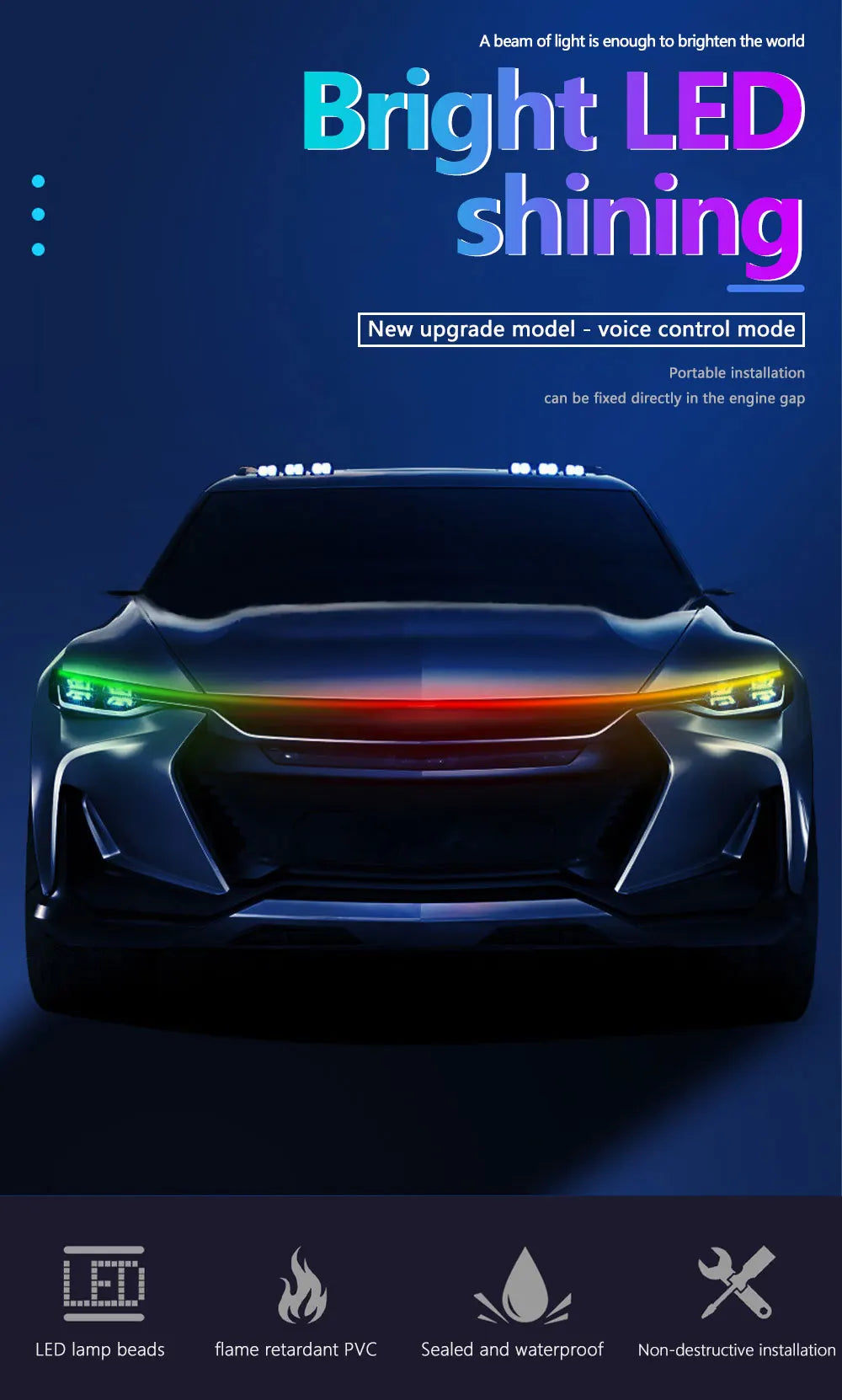 Bright LED shining product featuring an RGB light strip installed on a car's hood.