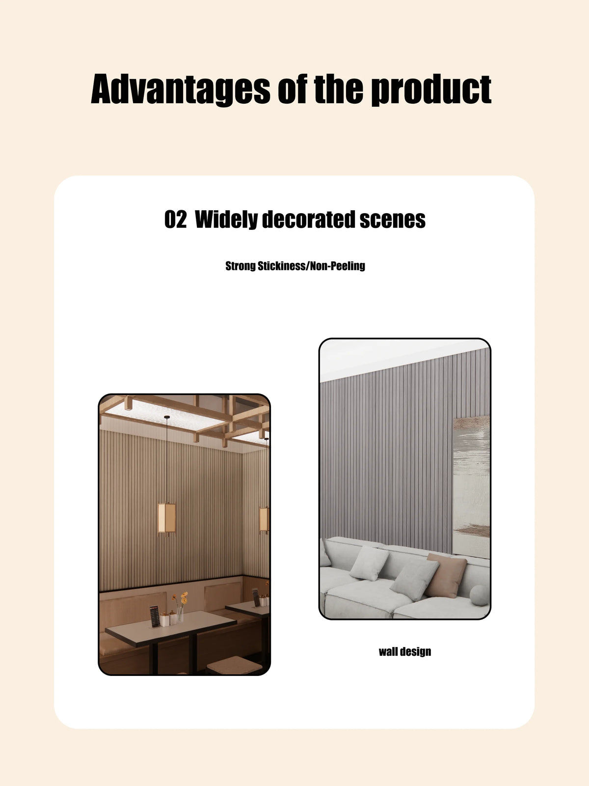 Two widely decorated scenes showing strong stickiness and non-peeling features of 3D grille pattern peel-and-stick wallpaper.