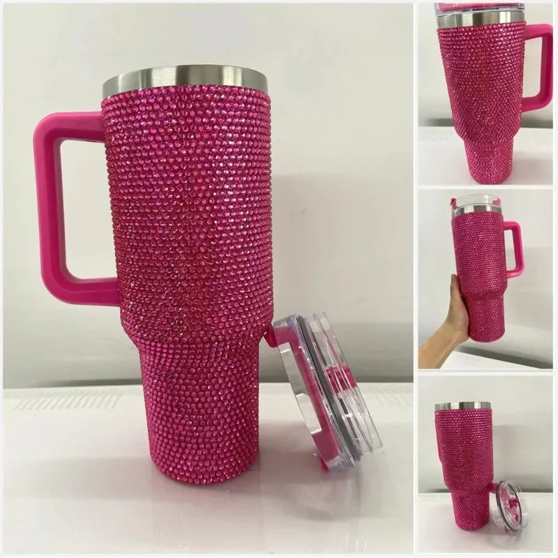 A magenta rhinestone tumbler with a straw and handle is shown in various angles.