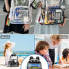 A transparent waterproof shoulder bag with a zipper is shown in various contexts including beach, school, and travel settings