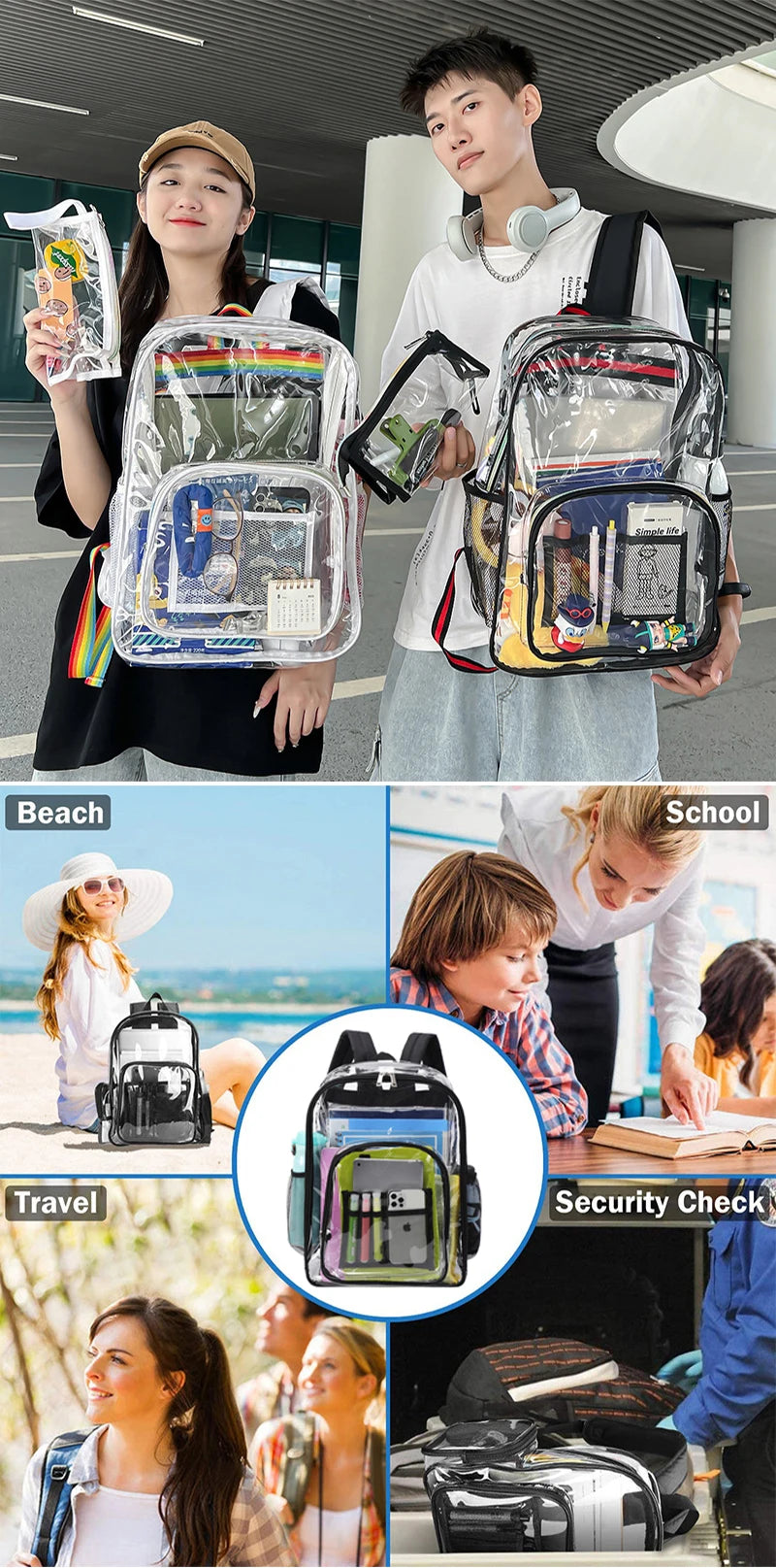 A transparent waterproof shoulder bag with a zipper is shown in various contexts including beach, school, and travel settings