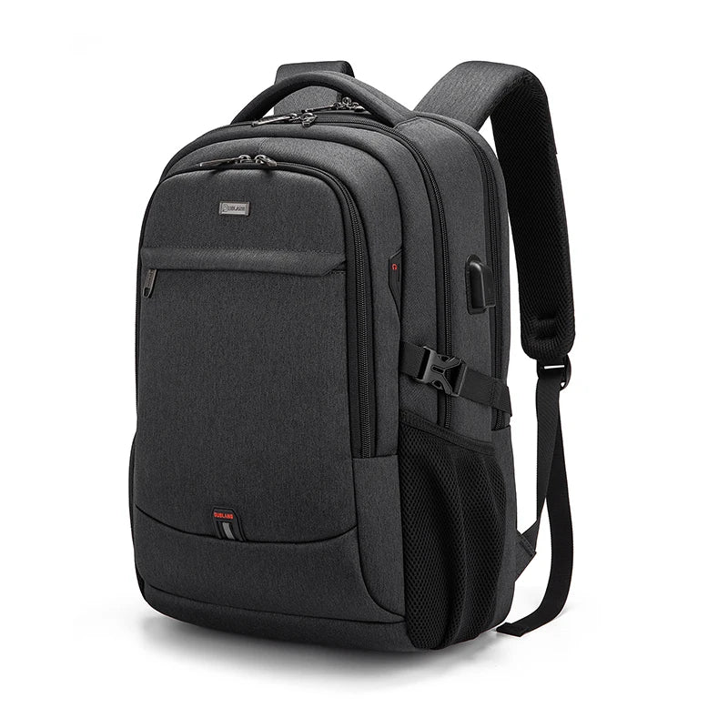 A black laptop backpack with a shoulder strap and a USB charging port.