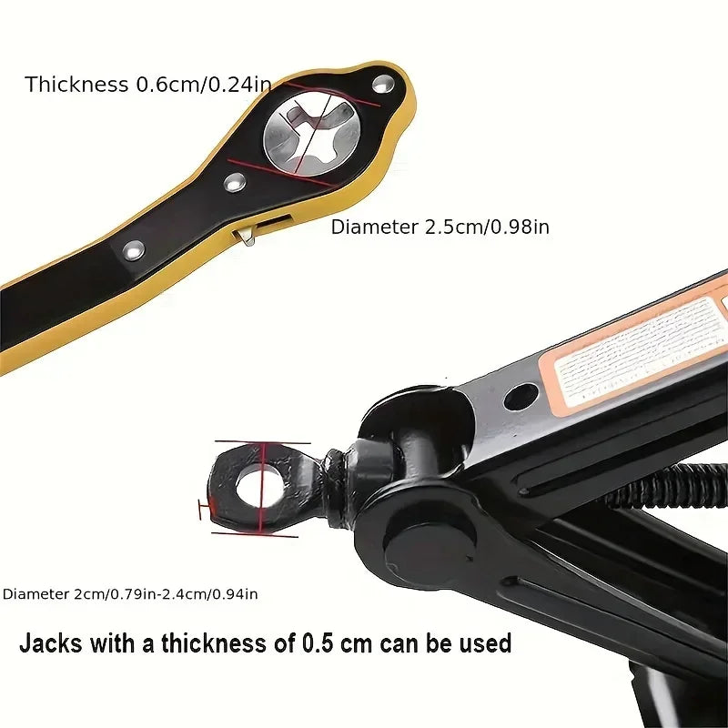 A yellow and black labor-saving ratchet wrench is shown with dimensions and usage instructions.