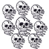 A pack of ten embroidered rock skull iron-on patches for clothing and accessories.